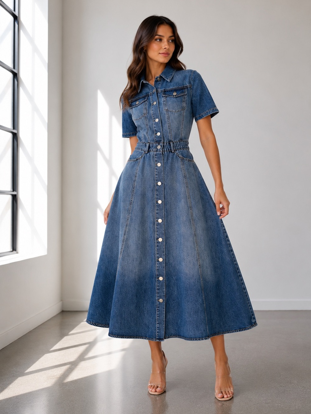 426. Harper Denim Button-Front Midi Dress